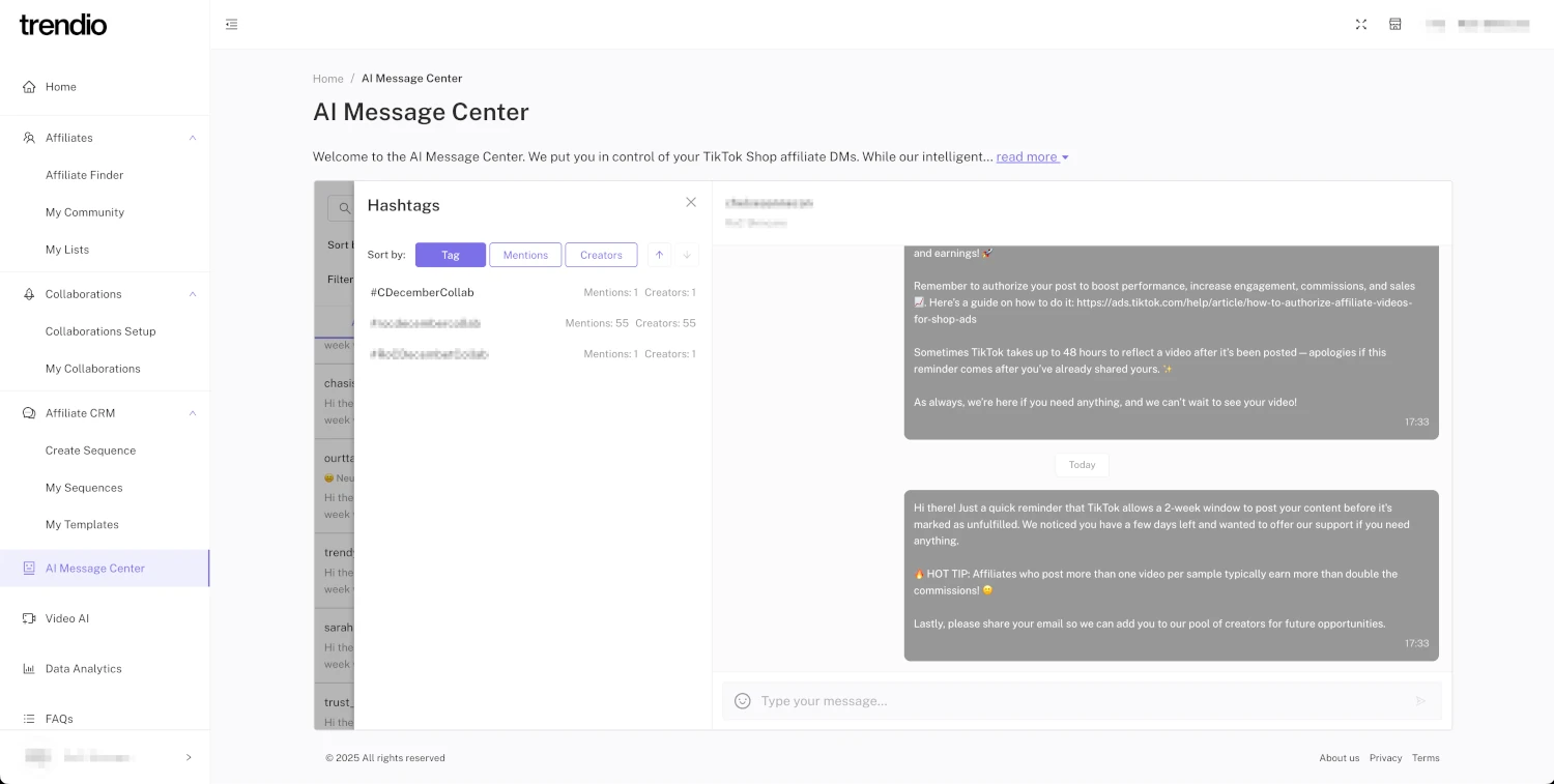Trendio Message Center Hashtags